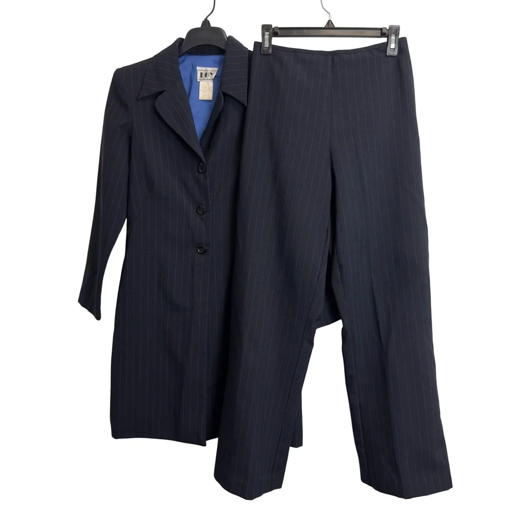 DBY Ltd Vintage Womens Pinstripe Longline Blazer and Pants Suit Set Navy Blue 7